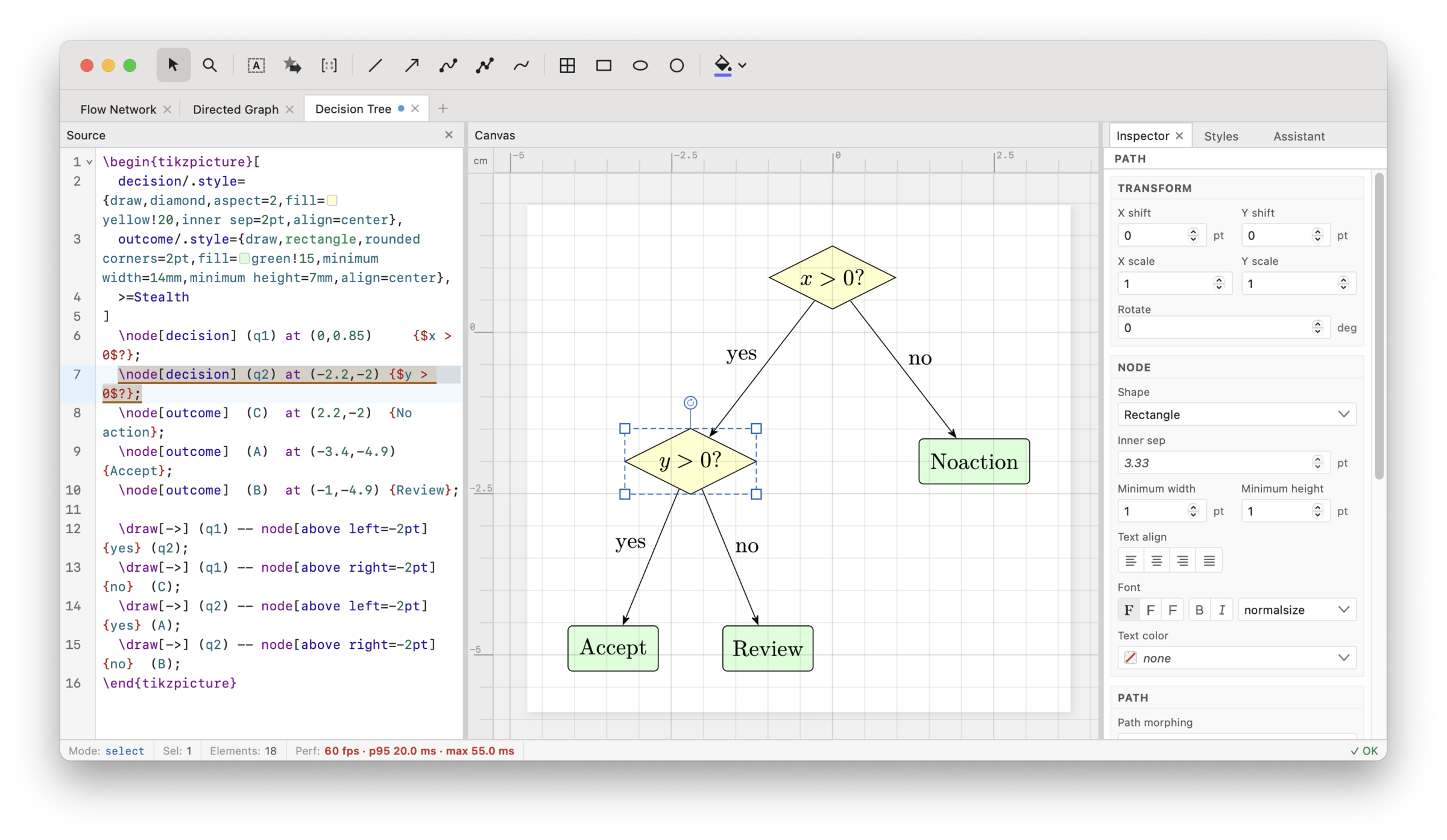 Image 1: TikZ Editor interface with source, canvas, and inspector